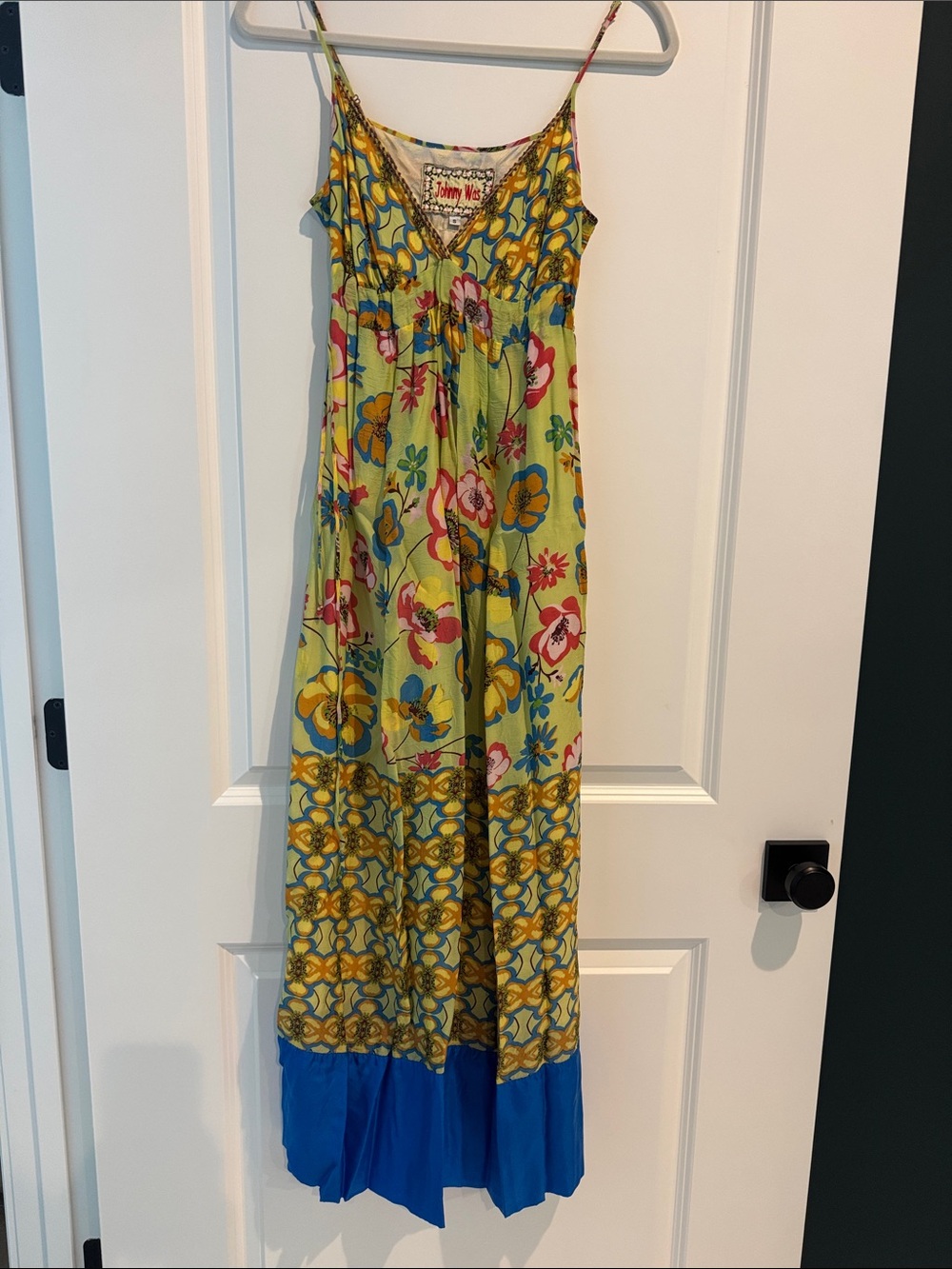 Johnny Was Floral V-Neck Boho Dress in Lime Green, Royal Blue & Yellow